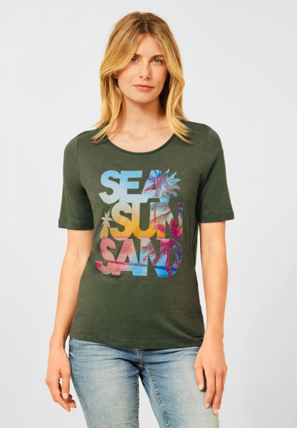 CECIL - T-Shirt mit Wordingprint in Desert Olive Green