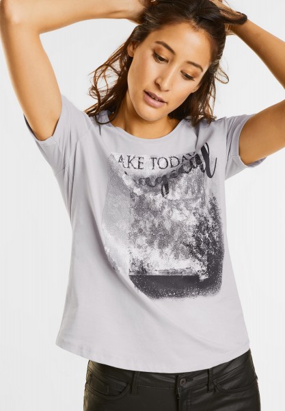 Street One - Kurzarm Shirt mit Pailletten in Lunar Grey