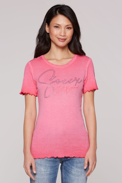 SOCCX Basic Rippshirt mit Logo aus Schmucksteinen in Coral Pink